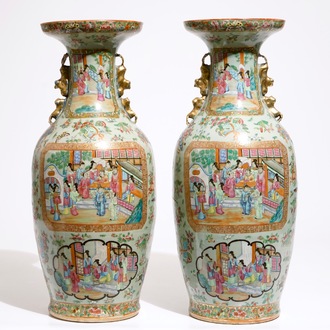 A pair of Chinese Canton famille rose on celadon ground vases, 19th C.