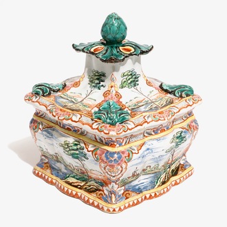 A Dutch Delft polychrome petit feu tobacco box and cover with fine landscapes, 18th C.