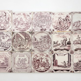 A set of 15 manganese Dutch Delft biblical tiles, 18/19th C.