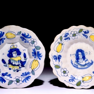 A pair of polychrome Dutch Delft plates with portraits of William and Mary, 17th C.