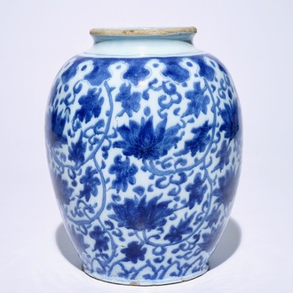 A Dutch Delft blue and white vase with lotus scrolls in Ming style, ca. 1700