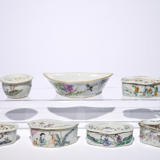 Six Chinese qianjiang cai cricket boxes and a bat-shaped bowl, 19/20th C.