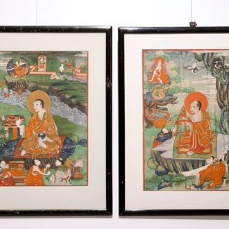 Twee fijne thangka's, Tibet of Nepal, 18/19e eeuw