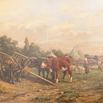 Martin Coulaud (Frankrijk, 1860-1906), Rustende dieren bij een markt, olie op doek