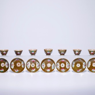 Nine Chinese famille rose on capucin brown ground cups and saucers, Qianlong