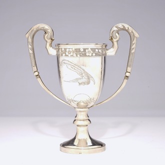 A Chinese silver two-handled trophy cup with a phoenix, 19th C.