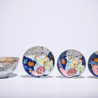Three Chinese famille rose “Tobacco Leaf” saucer plates and a famille rose bowl, Yongzheng/Qianlong