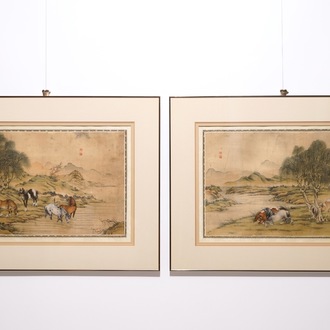 Een paar Chinese schilderijen op zijde met decor van “De acht paarden van Mu Wang”, 19/20e