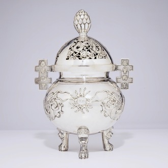 A Chinese silver tripod incense burner and cover with dragons, 19th C.