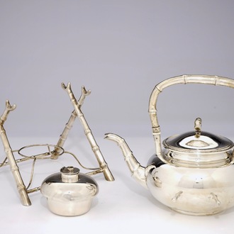 A Chinese silver tea kettle on stand and burner, mark of Wang Hing, ca. 1900