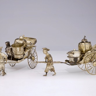 A pair of Chinese silver rickshaw-shaped pepper and salt shakers with a mustard container, 19th C.