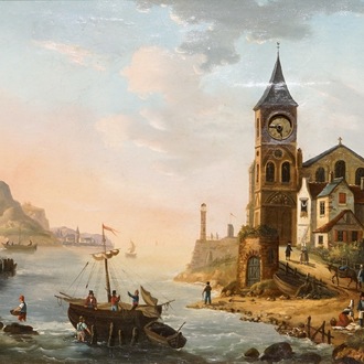 Un tableau-horloge d'un vue de port, signé Bossuet, huile sur toile, mouvement intérieur par Bordier, Genève, 19ème