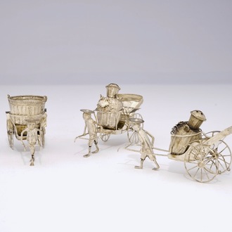 A Chinese silver rickshaw-shaped pepper and salt shaker and a mustard container, 19th C.