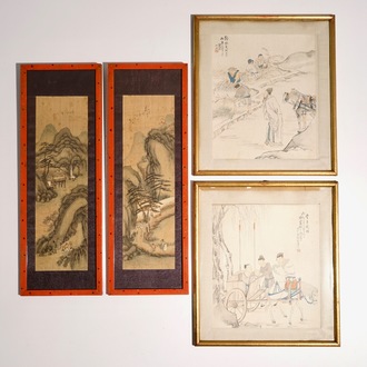 Een lot van vier Chinese schilderijen, 19/20e eeuw