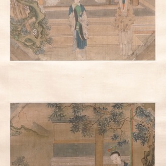 A frame of two Chinese paintings on textile, 19th C.
