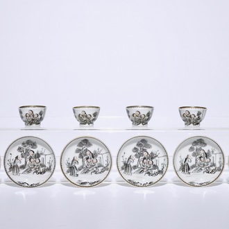 Zes miniatuur kopjes en schotels met jezuïetendecor in grisaille, Qianlong