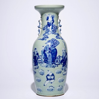 A Chinese blue and white on celadon ground "Immortals" vase, 19th C.