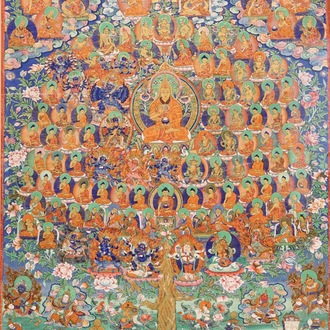 Een thangka met een genealogische boom, Tibet of Nepal, 19/20e eeuw