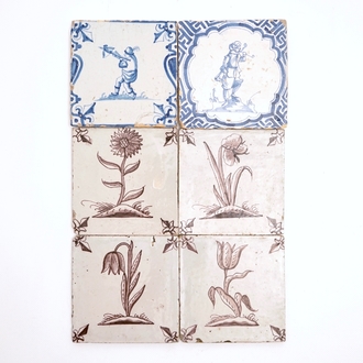 Two Dutch Delft blue and white tiles with a pipe smoker and an archer, 17th C., and four manganese flower tiles, 18th C.