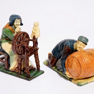 Two Flemish pottery figures of a lace maker and a barrel pusher, prob. Laigneil workshop, 20th C.