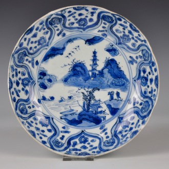 A blue and white Chinese kraak porcelain plate with a landscape, Ming, Wanli