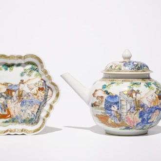 A fine Chinese famille rose teapot on stand with a lady and two boys, Yongzheng