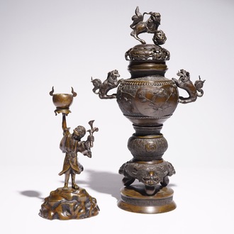 A Japanese bronze koro on foot and a figurative incense burner, Meiji/Taisho, 19/20th C.