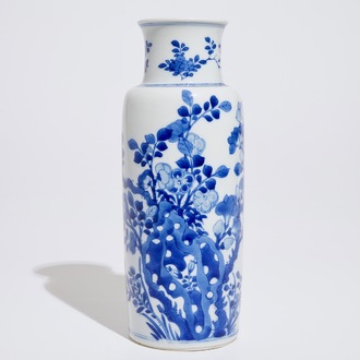 A Chinese blue and white rouleau vase with floral design, Kangxi