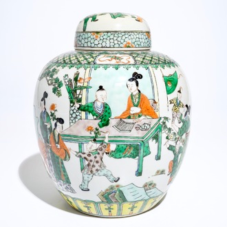 A large Chinese famille verte ginger jar and cover, 19th C.