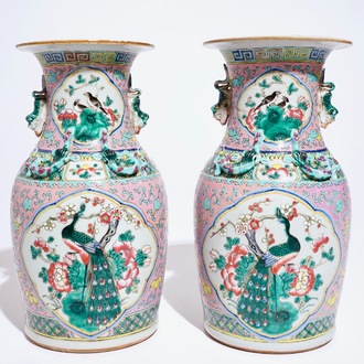 A pair of Chinese famille rose vases with birds, 19th C.