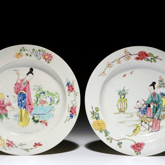 Two Chinese famille rose plates with a lady with child, Yongzheng