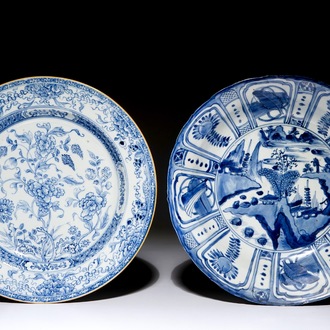 A Chinese blue and white landscape charger, Wanli landscape and a floral charger, Qianlong