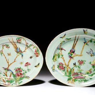 Deux plats ovales en porcelaine de Chine Canton famille rose sur fond céladon, 19ème