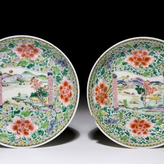 A pair of Chinese famille rose landscape design saucer plates, Yongzheng mark and period