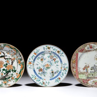 Three Chinese famille rose, verte and doucai plates, Kangxi/Yongzheng