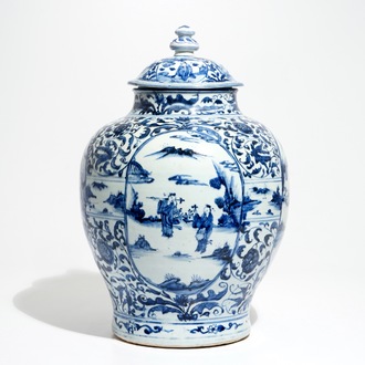 A large Chinese blue and white baluster vase and cover with figural medallions, Wanli