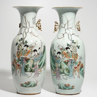 A pair of Chinese famille rose vases with female immortals, 19/20th C.