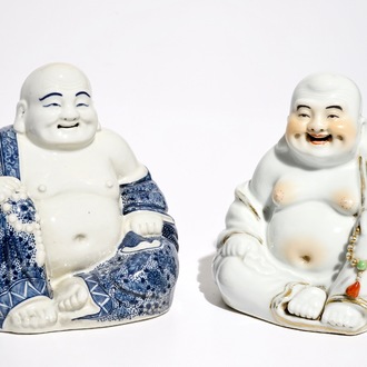 Two Chinese blue and white and polychrome figures of Buddha, marked, 19/20th C.