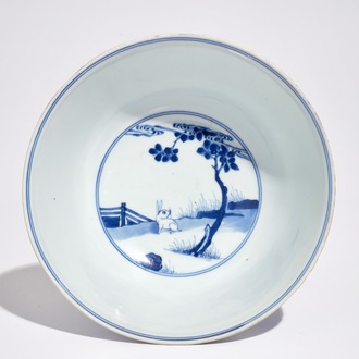 A Chinese blue and white rabbit bowl, Chenghua mark, Kangxi/Yongzheng