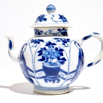 A Chinese blue and white Long Eliza teapot, Yu mark, Kangxi