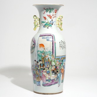 A tall Chinese famille rose double design vase, 19/20th C.