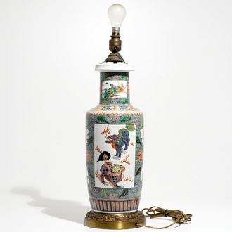 A bronze-mounted Chinese famille verte rouleau vase, transformed into a lamp, 19/20th C.