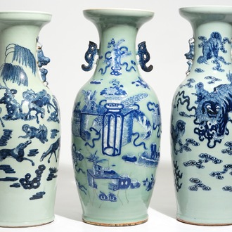 Drie grote Chinese vazen met blauwwit decor op celadon fondkleur, 19e eeuw