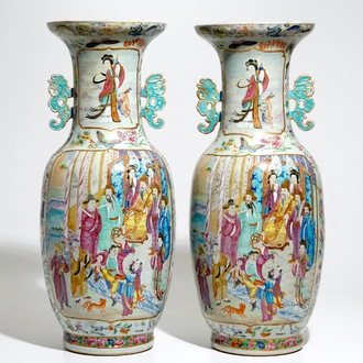 A pair of fine tall Chinese Canton famille rose vases, 19th C.