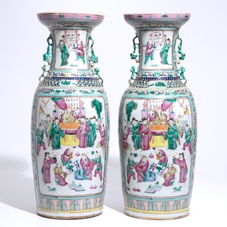 A pair of tall Chinese famille rose vases with figural design, 19th C.