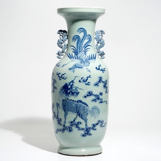 A tall Chinese blue and white celadon-ground vase with a dragon and a phoenix, 19th C.