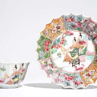 A Chinese lobed famille rose cup and saucer, Yongzheng