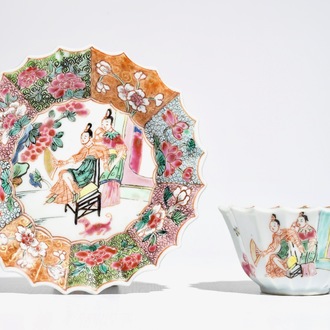 A Chinese lobed famille rose cup and saucer, Yongzheng