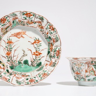 A Chinese famille verte cup and saucer with egrets, Kangxi