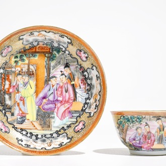 A Chinese famille rose mandarin cup and saucer, Qianlong